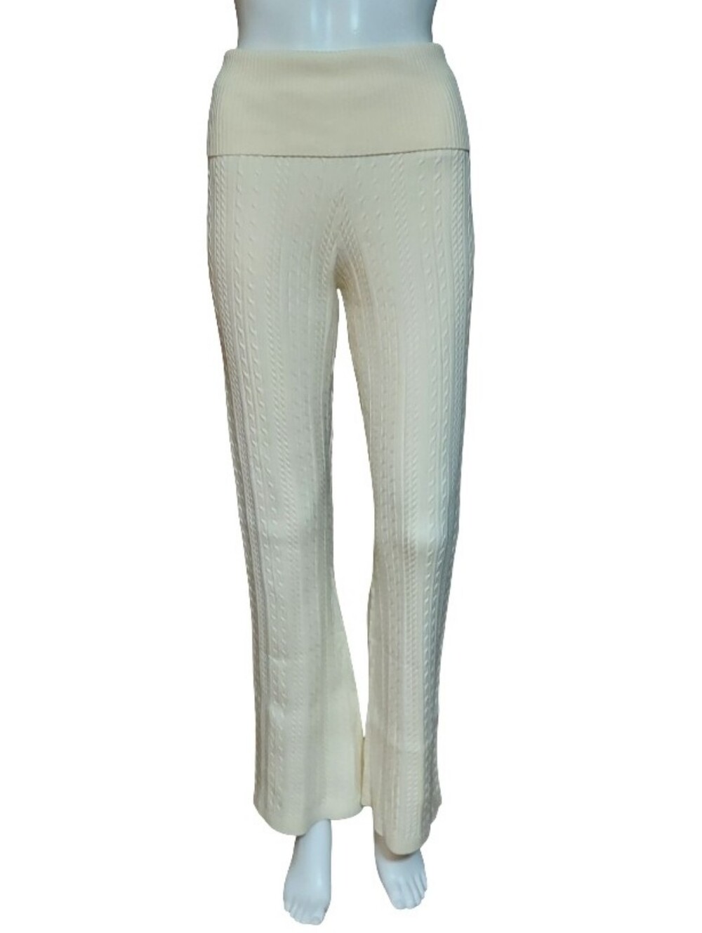 Cream Foldover Waist Cable Knit Flare Leg Lounge Pants NWOT